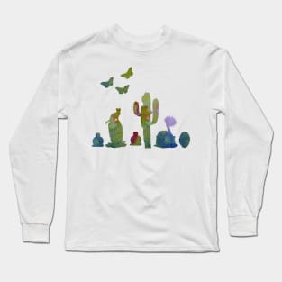 cacti, cat and butterflies Long Sleeve T-Shirt